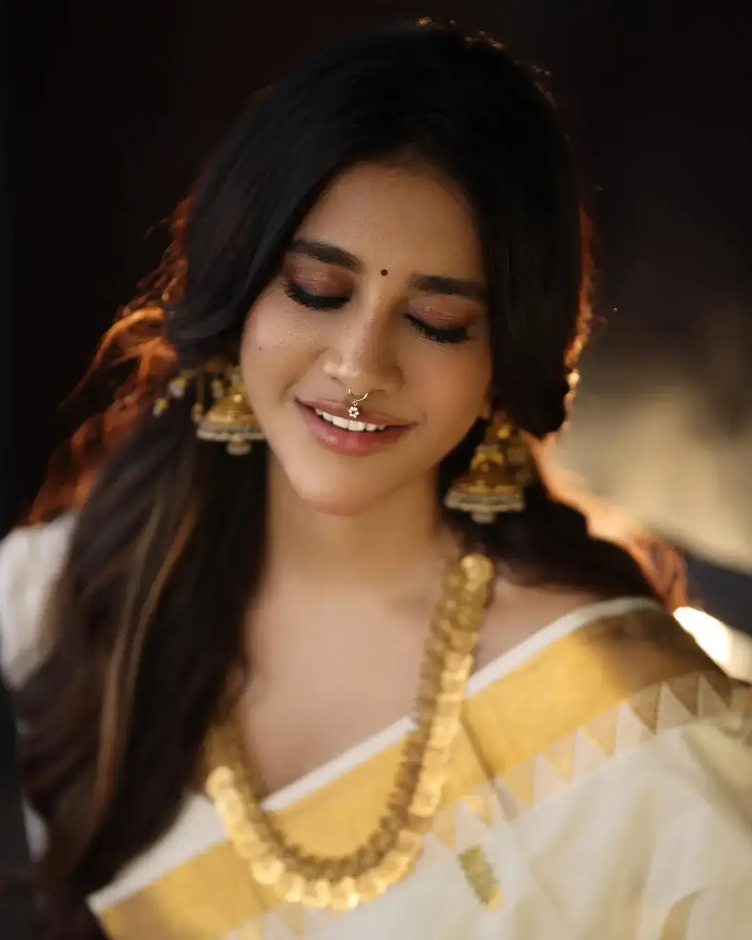 Indian Actress Nabha Natesh in Onam Special White Saree